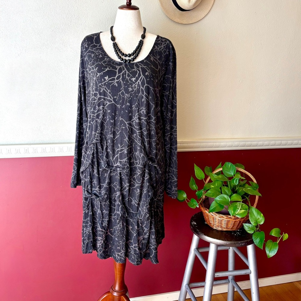 Chalet Et Ceci Lagenlook Tree Branch Tunic Dress Grey Black 1X Art To Wear USA